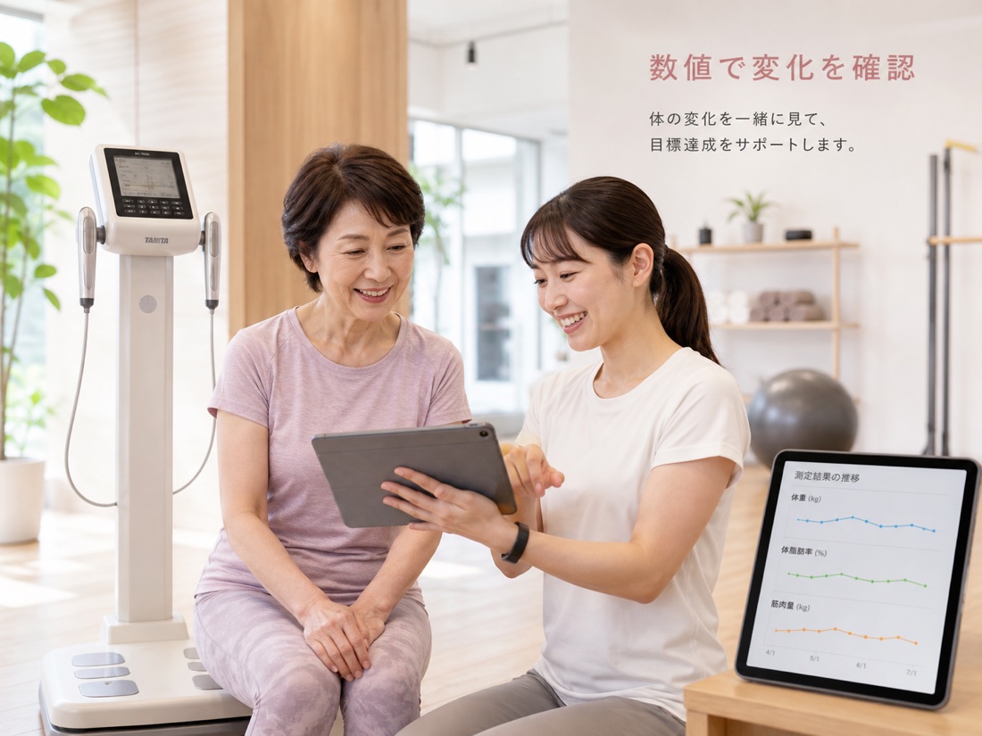 体組成計の結果を見ながら説明している様子